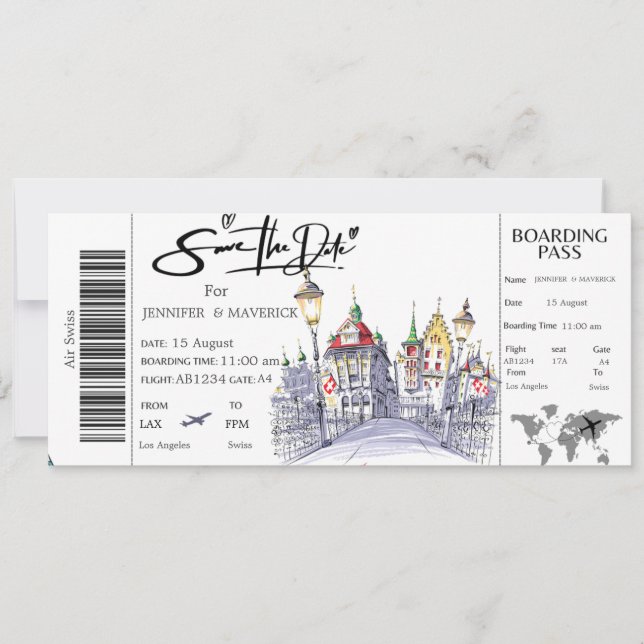 Swiss Boarding Pass Save the Date ticket Invitation (Front)