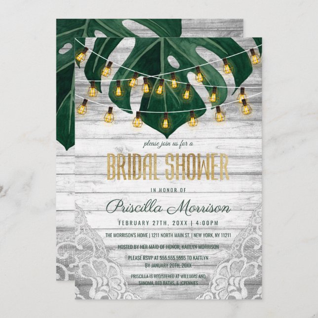 Swiss Cheese Leaf String Lights Lace Bridal Shower Invitation (Front/Back)