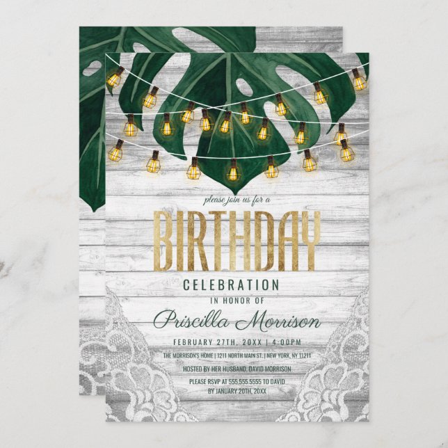 Swiss Cheese Leaf String Lights Lace Gold Birthday Invitation (Front/Back)
