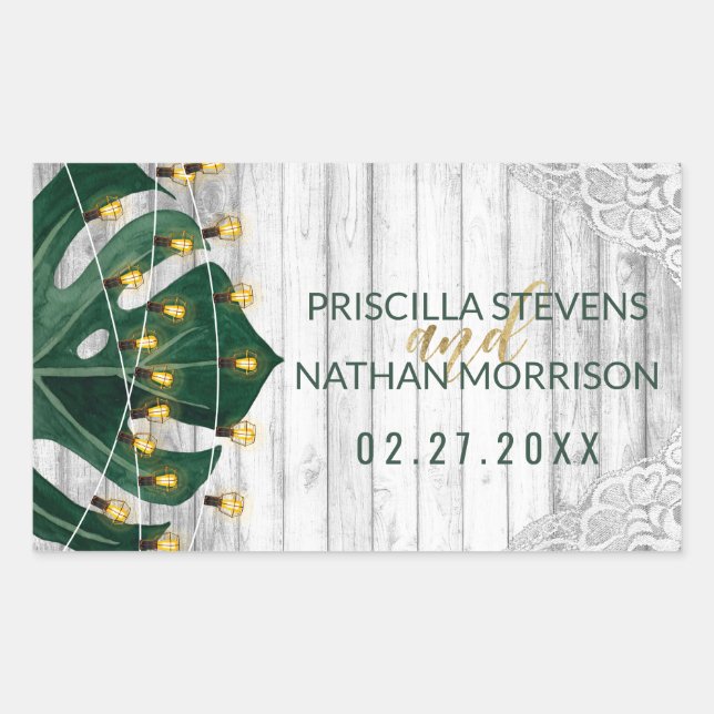 Swiss Cheese Leaf String Lights Lace Gold Wedding Rectangular Sticker (Front)