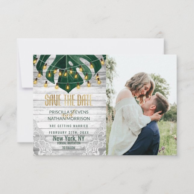 Swiss Cheese Leaf String Lights Lace Gold Wedding Save The Date (Front)