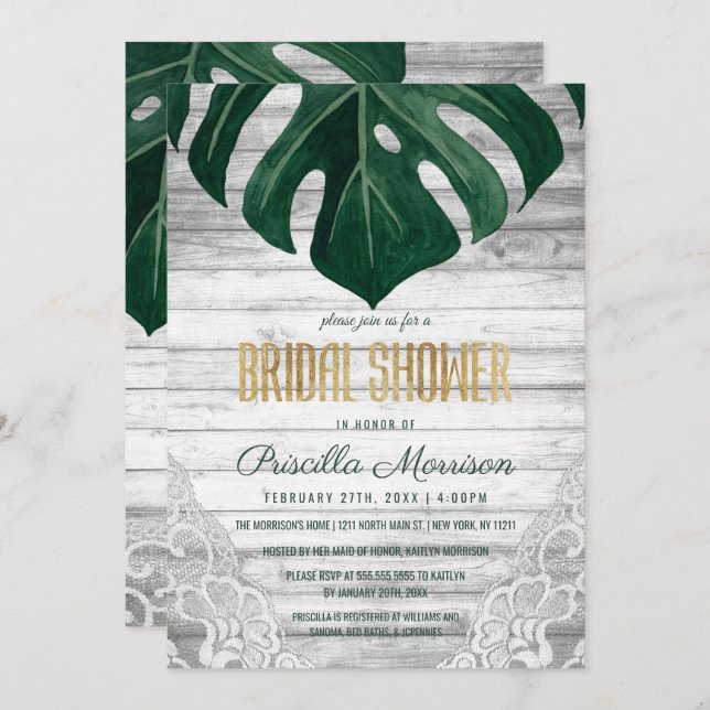 Swiss Cheese Leaf Wood Lace Gold Bridal Shower Invitation (Front/Back)