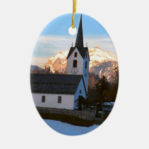 Swiss church in the mountains ceramic tree decoration
