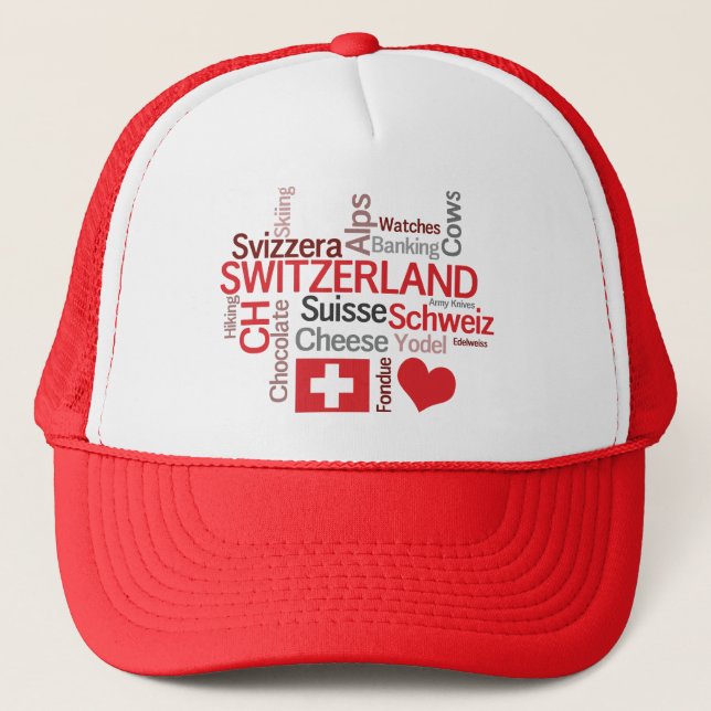 Swiss Clichés I Love Switzerland Chocolate Cheese Trucker Hat (Front)