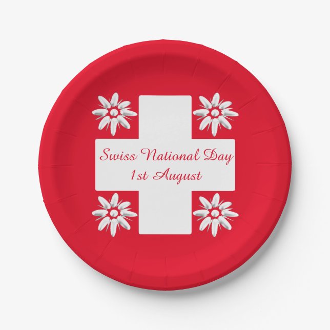 Swiss flag and edelweiss paper plate (Front)