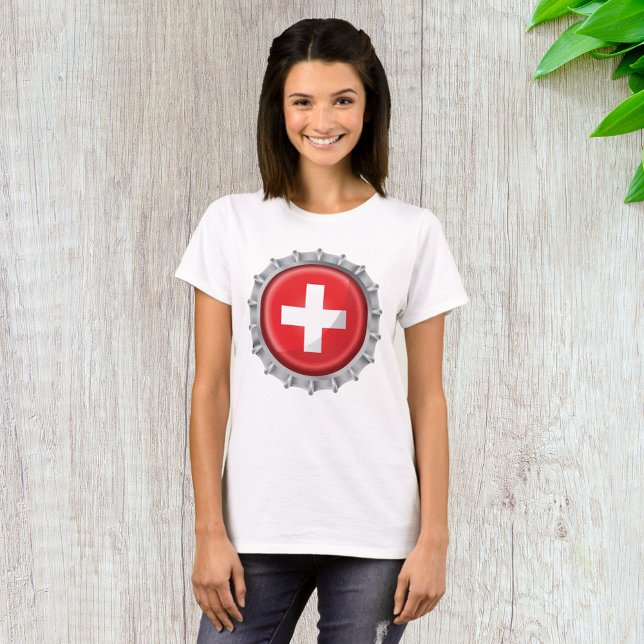 Swiss Flag Bottle Cap Red and White Cross T-Shirt (Creator Uploaded)