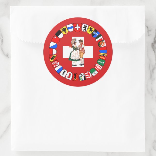 Swiss flag, cantons and dancers classic round sticker (Bag)