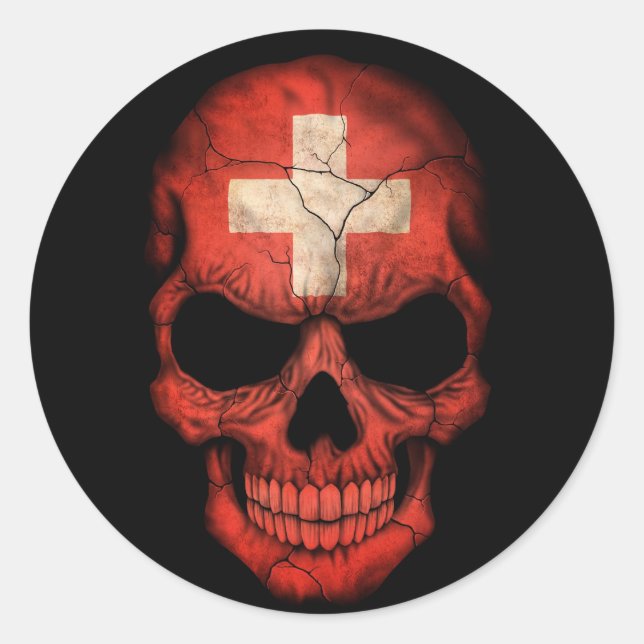 Swiss Flag Skull on Black Classic Round Sticker (Front)