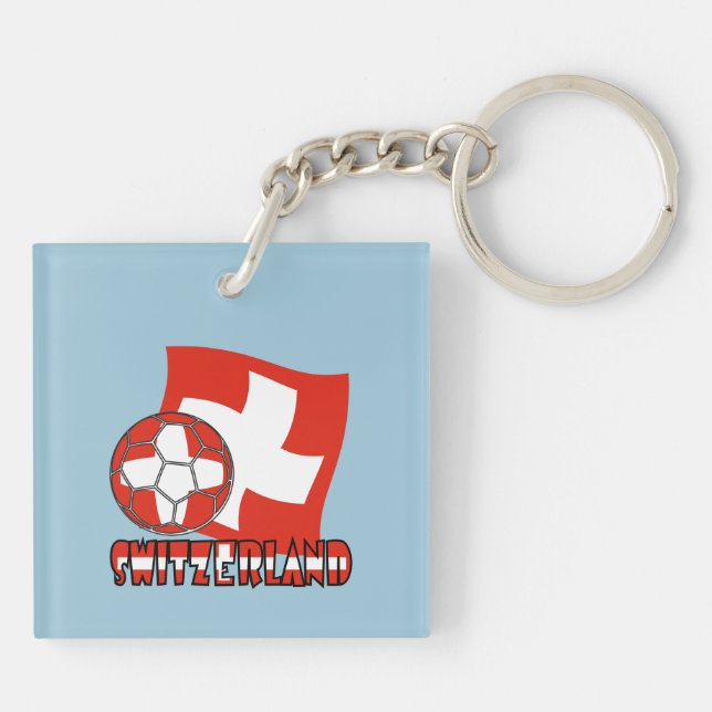 Swiss Flag Soccer Ball Blue Background Square Key Ring (Back)