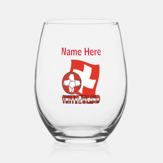 Swiss Flag Soccer Ball Red Personalised Name  Stemless Wine Glass