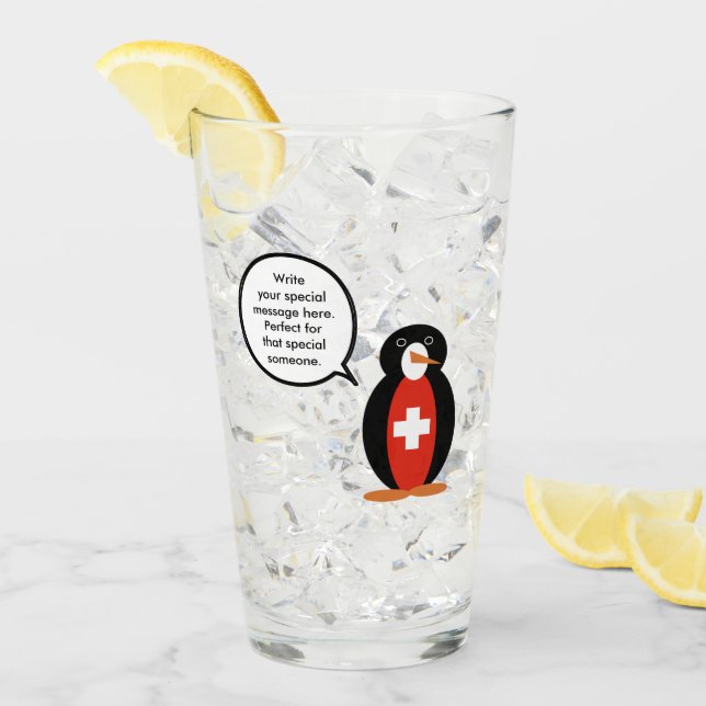 Swiss Flag Talking Ms. Penguin Personalised  Glass (Front Ice)