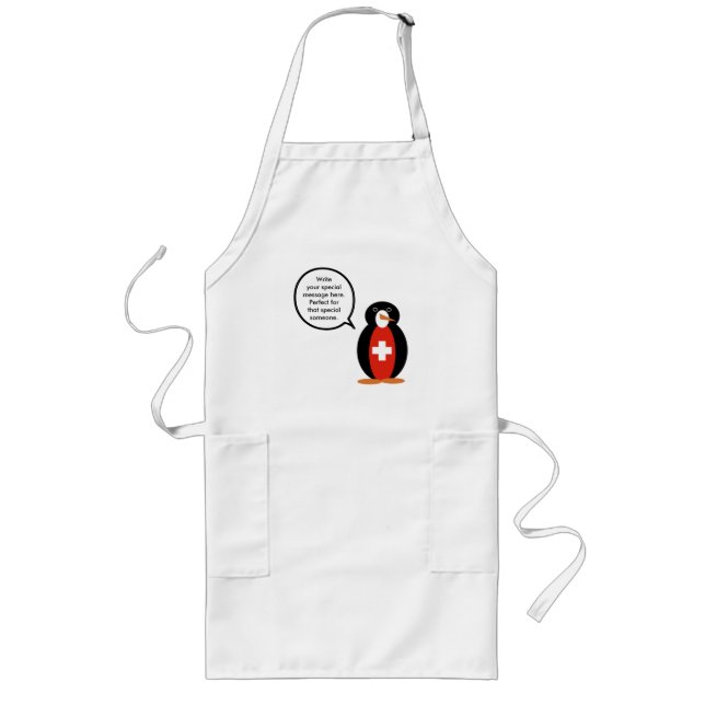 Swiss Flag Talking Ms. Penguin Personalized  Long Apron (Front)