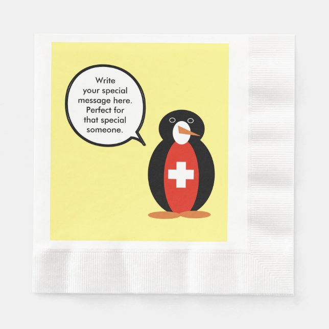 Swiss Flag Talking Ms. Penguin Personalized  Napkin (Front)