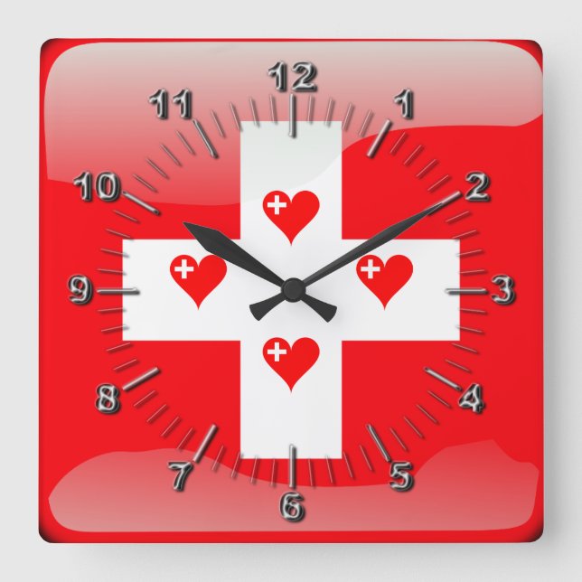 Swiss glossy flag square wall clock (Front)