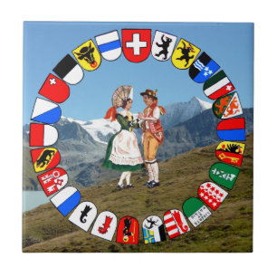 Swiss mountains, Swiss cantons and folk dancers Ceramic Tile