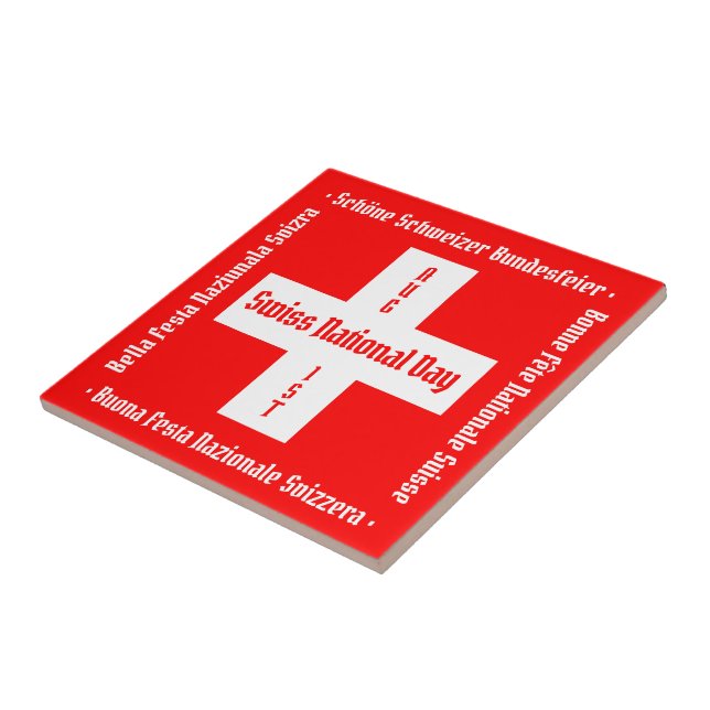 Swiss National Day in Four Languages Swiss Flag Ceramic Tile (Side)