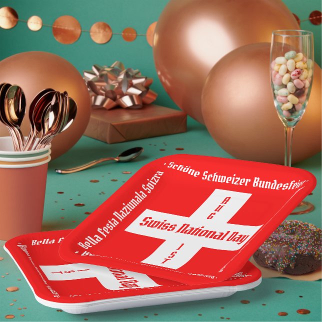 Swiss National Day in Four Languages Swiss Flag Paper Plate (Multi)