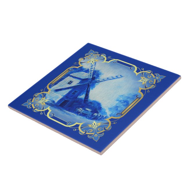 Swiss/Norwegian/Holland windmill delft blue Ceramic Tile (Side)