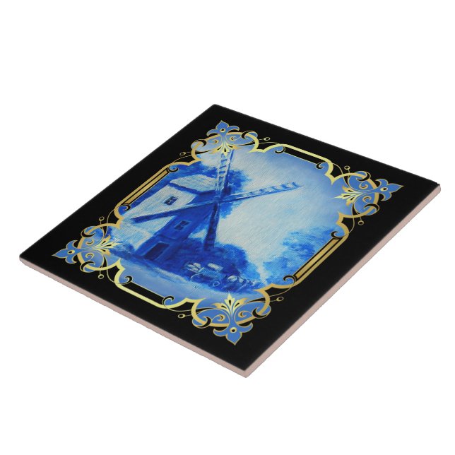 Swiss/Norwegian/Holland windmill delft blue Ceramic Tile (Side)