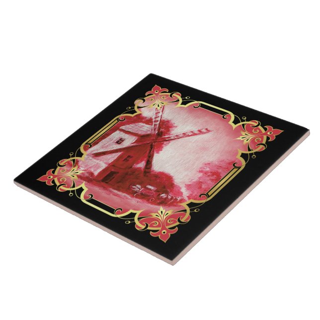 Swiss/Norwegian/Holland windmill delft red Ceramic Tile (Side)