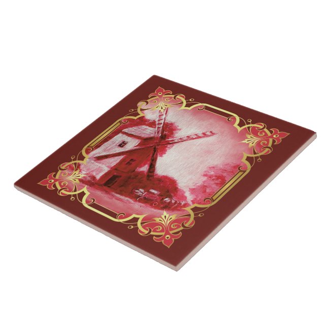 Swiss/Norwegian/Holland windmill delft red Ceramic Tile (Side)