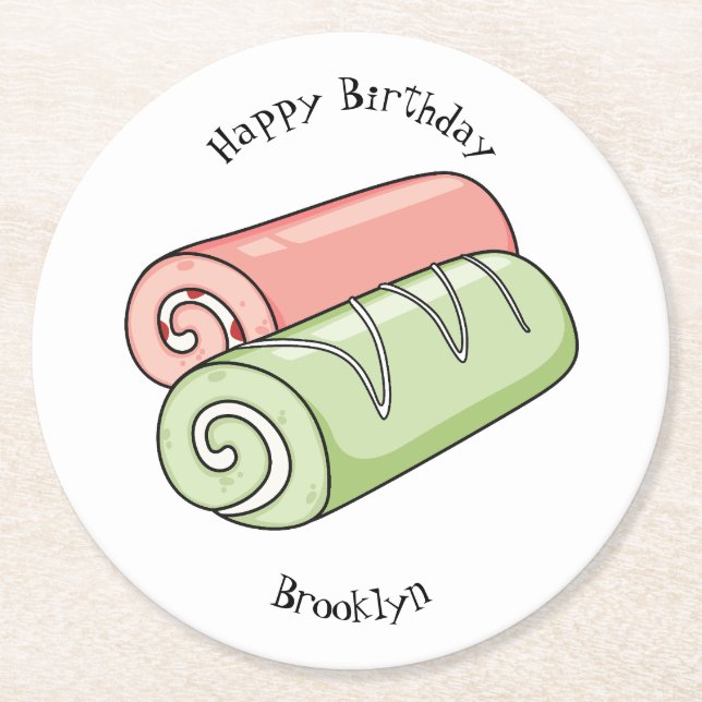 Swiss roll / roll cake cartoon illustration round paper coaster (Front)