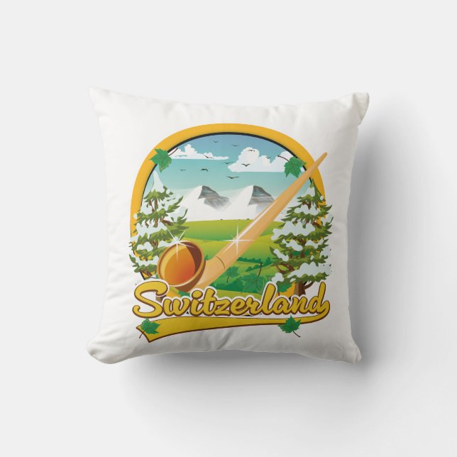 Switzerland alphorn retro travel logo cushion (Front)