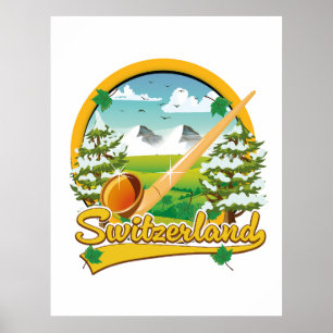 Switzerland alphorn retro travel logo poster