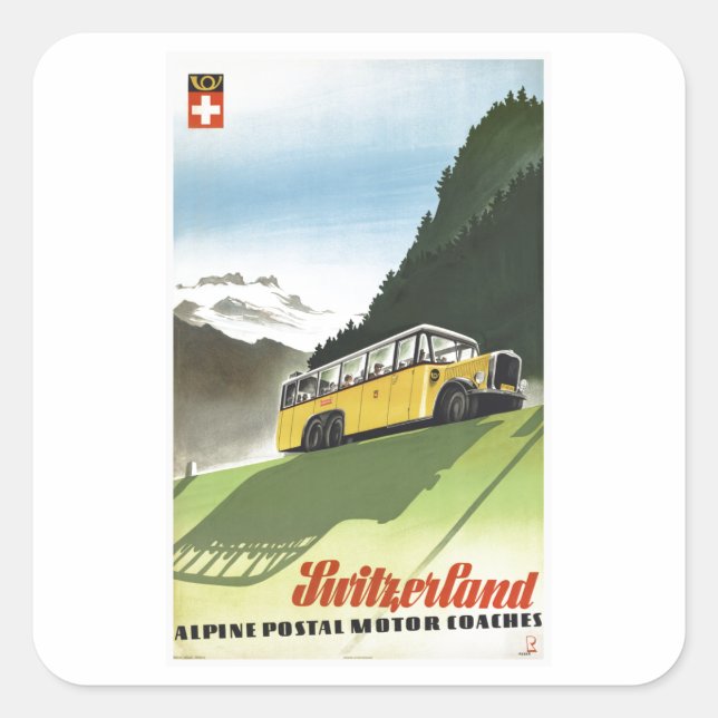 Switzerland Alpine Bus Vintage Travel Square Sticker (Front)