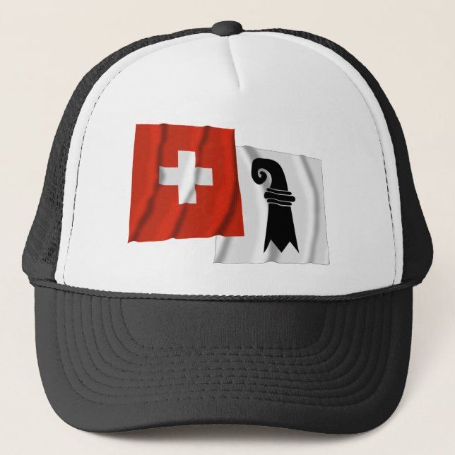 Switzerland & Basel-Stadt Waving Flags Trucker Hat (Front)