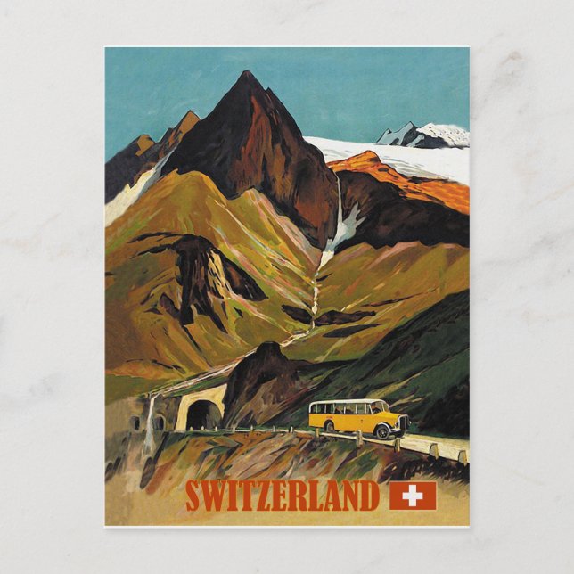 Switzerland bus tour, travel vintage postcard (Front)