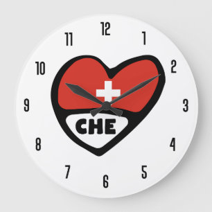Switzerland Country Code CHE Flag Heart Large Clock