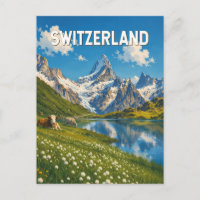 Switzerland Cows Cow Illustration Travel Art Retro