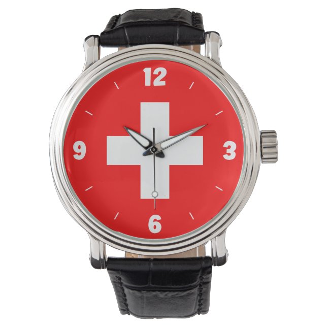 Switzerland Flag Numbers Red White Cross Patriotic Watch (Front)