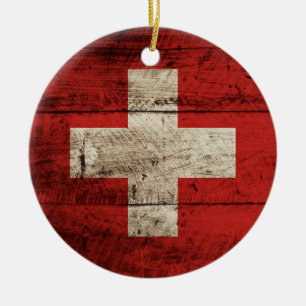 Switzerland Flag on Old Wood Grain Ceramic Tree Decoration