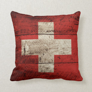 Switzerland Flag on Old Wood Grain Cushion