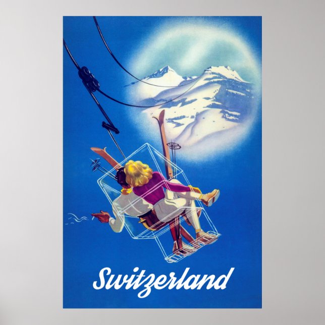 Switzerland, Happy Ski Couple on Cable Car Poster (Front)