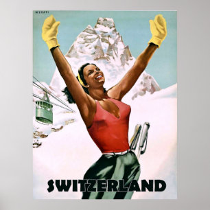 Switzerland, happy skiing woman, vintage travel poster