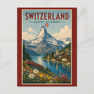 Switzerland Illustration Travel Art Vintage Postcard