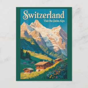 Switzerland Landscape Illustration Travel Art Postcard