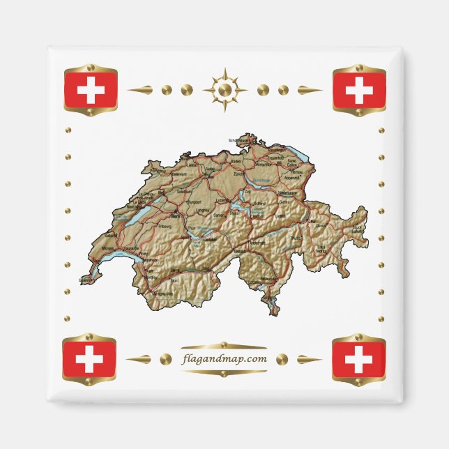Switzerland Map + Flags Magnet (Front)
