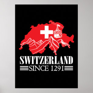 Switzerland Map Since 1291 Mountains Swiss Flag Poster