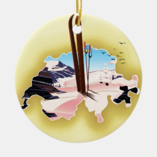 Switzerland map Ski travel poster. Ceramic Ornament
