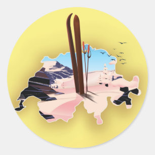 Switzerland map Ski travel poster. Classic Round Sticker