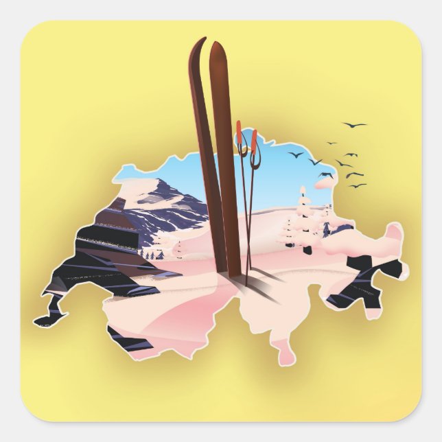 Switzerland map Ski travel poster. Square Sticker (Front)