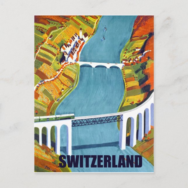 Switzerland panorama, bridges over lake, vintage postcard (Front)