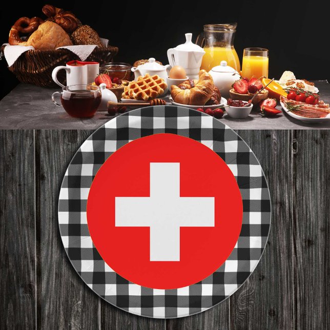 Switzerland Plate, buffalo plaid & Swiss Flag Paper Plate (Creator Uploaded)