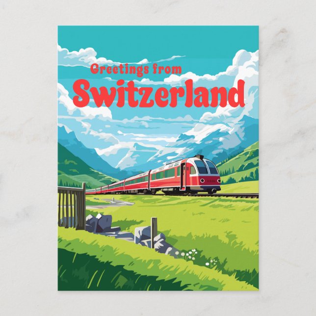 Switzerland Retro Mountain Train Travel Postcard (Front)