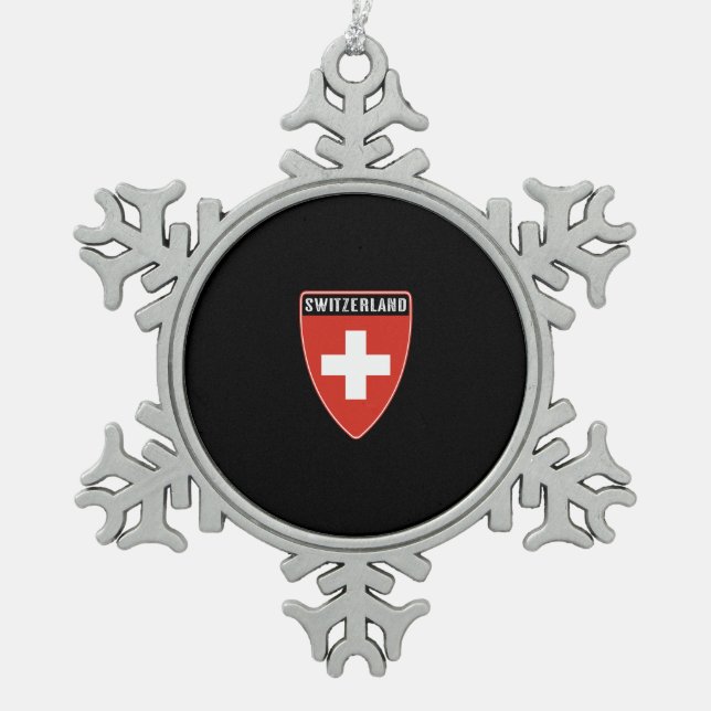 Switzerland Shield Snowflake Pewter Christmas Ornament (Front)