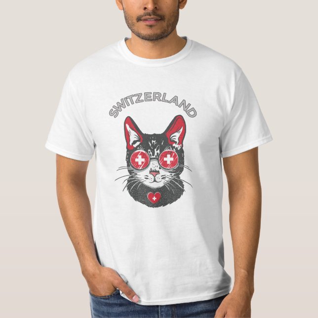 Switzerland Soccer Cat Mascot Swiss Fan flag T-Shirt (Front)
